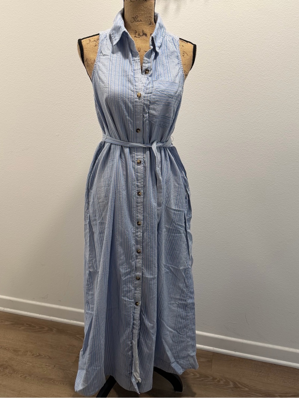 Anthropologie MaeveSleeveless Blue Stripe Button-Front Maxi S